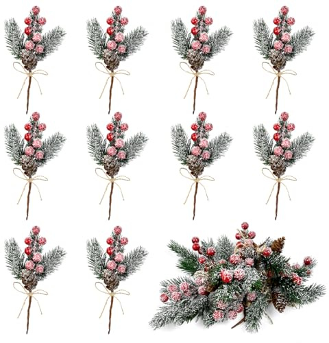 VGECEE 10 Pz Pigne Artificiali Sempreverdi con Bacche Rosse, Bacche di Natale Artificiali Pini Artificiali Ramo di Pino Artificiale per Natale Bacche Rosse Natale Decorazioni per Ghirlande, Fai da Te