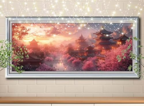 5D DIY Pintura de Diamante Flores de cerezo,Palacio,Punto de Cruz Diamond Painting para Adultos,Cuadro de Diamantes con Rhinestones para Decoración Hogar,Pintar con Diamantes (100x250cm) 59E-7035