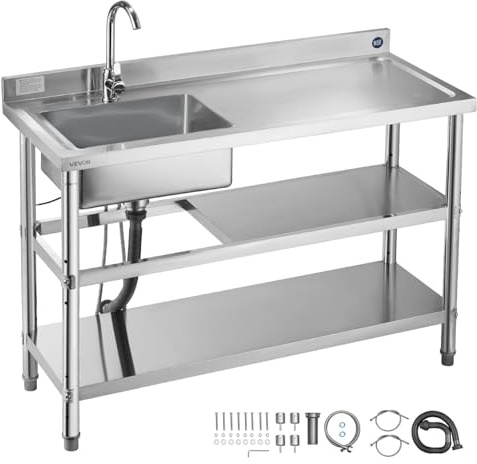 VEVOR Lavandino Mobile da Cucina 1200 x 500 x 940 mm, Vasca Singola con Rubinetto e 2 Vani Portaoggetti, Lavello da Cucina per Garage, Ristorante, Lavabo da Esterno con Piano di Lavoro Destra