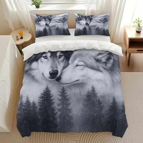 Yostasu Wolf Duo Forest Bedding Comforter Sets Bedding Set 3 Pieces (1 Duvet Cover 2 Pillowcases) with Zipper Closure Lightweight
