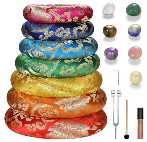 18 Pcs Singing Bowl Cushion Set for 6-12 Tibetan Singing Bowls, 7 Rainbow Silk Round Cushion, WoodMallet,128Hz Tuning Fork Kit, 7 Chakra Stones - for Meditation Sound Healing and Crystal Sound Bowls