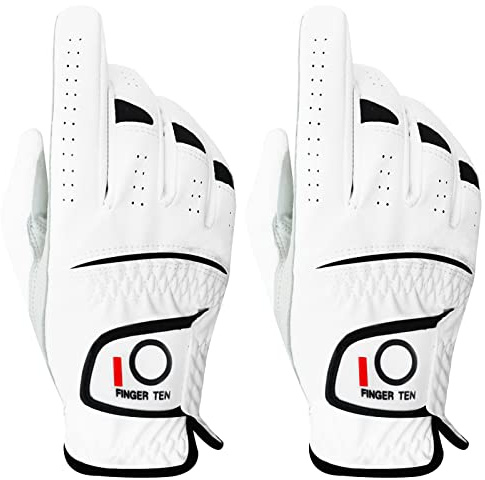 FINGER TEN Golfhandschuhe Herren Links Rechts Hand 2 Stück Golfhandschuh Wettersof Leder Griffig Weich Passform Handschuh für Golfer Männer (Rechts, M)