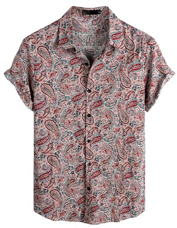 VATPAVE Mens Hawaiian Shirt Short Sleeve Button Down Shirts L Pink