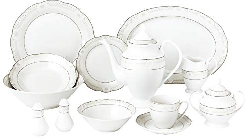 57 Piece Wavy Dinnerware Set-porcelain China Service For 8 People-atara Silver Banded Casual Round Porcelain Dishwasher Safe