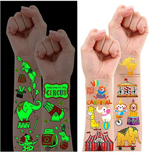 Leesgel Tattoos Kinder Karneval Zirkus, 33 Stile Leucht + Metallic Glitzer Temporäre Tattoos für Kinder, Tattoos Aufkleber Kinder Party Zubehör Deko Geburtstag Festival Karneval Zirkus Spielzeug