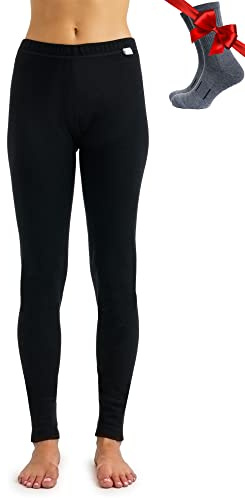 Merino Wool Base Layer Womens Leggings 100% Merino Thermal Underwear Pants for Women Heavyweight + Wool Socks (X-Small, 320 Black)