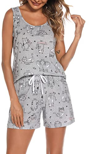 ENJOYNIGHT Women's Pyjama Sets Cotton Print Tank Top and Shorts Nightwear | Summer Two Piece Pjs Set, Loose Relaxed Fit, Adjustable Waist Drawstring, Stylish Daily Loungewear