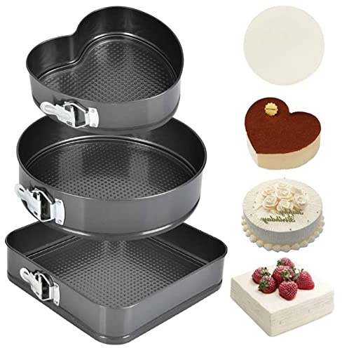 Juego de Utensilios para Hornear Pasteles de 3 Piezas, Juego de Moldes Desmontables de Doble Capa, Molde Cuadrado de Fácil Liberación con Forma de Corazón Redondo de Acero Al Carbono(24/26/28)