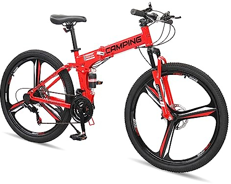 Ktaxon 26 Inch Mountain Bike, Folding Mountain Bike with Unique Design, Double Shock Effect, Powerful Mechanical Dual Disc Brakes, Professional 21 Speed Derailleurs and Ergonomic Cushion (Red)