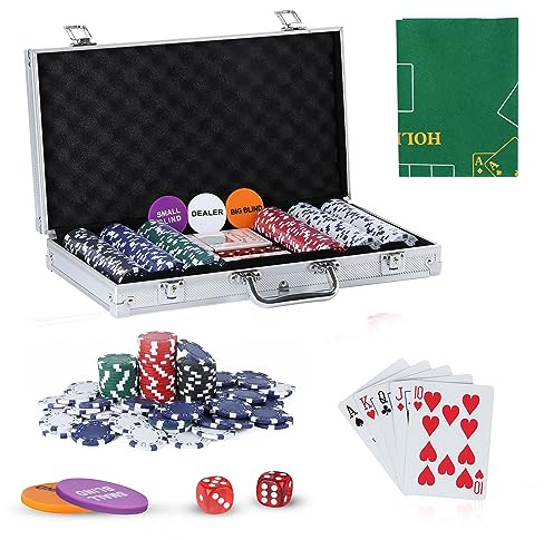 JUNGLE STONE Texas Holdem Poker Set, 300 Piece Set in Aluminium Case with 11.5g Heavyweight Chips, 1 double-sided reversible Flet Mat, 2 Decks Playing Cards, 5 Dice, Dealer, Big Small Blind Button