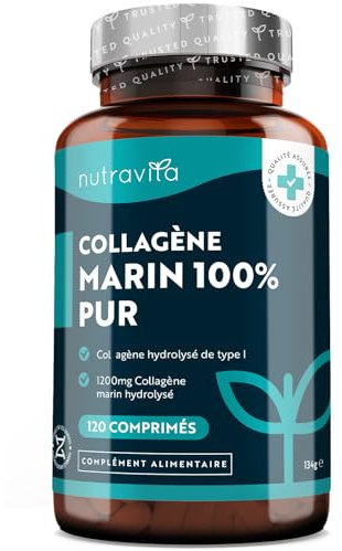 Collagene Marin Hydrolysé 1200mg de Type 1-120 Comprimés de Collagène Marin pour 2 Mois, Peptides de Collagène Hydrolysé - Marine Collagen de Nutravita
