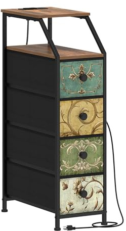 Tohomeor Narrow Dresser Tall Skinny Storage Tower Vertical Slim Chest of Drawers with Charging Station Small Nightstand Side Table for Bedroom, Bathroom, Small Spaces (Retro Flower, 4 Drawers)