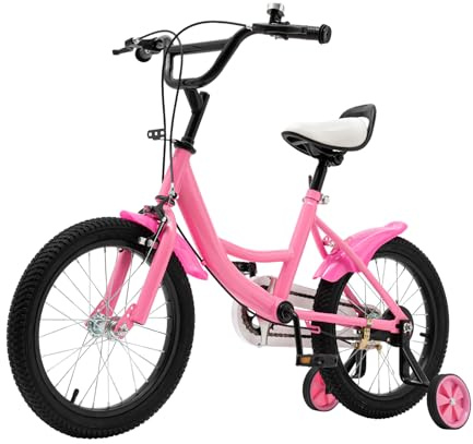 LENJKYYO Vélo Enfant 16 Pouces pour Filles et Garçons 5-8 Ans - Vélo d'apprentissage avec Roues Stabilisatrices Amovibles, Hauteur Réglable, Freins Double Sécurité (Rose)