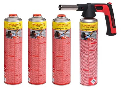 ROTHENBERGER Industrial RS 300 Brenner Aufsatz inkl. 4 x Multigas Kartusche 338g | Piezo Zündung | 180-360 °C Drehung/Über Kopf Betrieb möglich | Lötbrenner | Gasbrenner