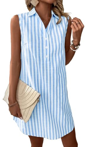chouyatou Women's Striped Button Up Polo Shirt Mini Dress Business Casual Sleeveless Tunic Shift Short Dress (Large, Blue)