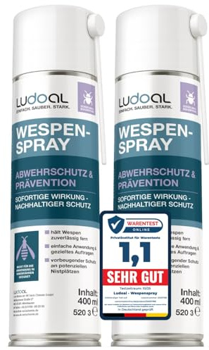 Wespenspray mit langem Sprührohr & 10x mehr Wirkstoff (2% Geraniol) – EXTRA STARK – Sofortiger Abwehrschutz mit Langzeitwirkung – 15 cm Sprührohr – Made in Germany – LUDOAL 2x 400 ml (PT19)