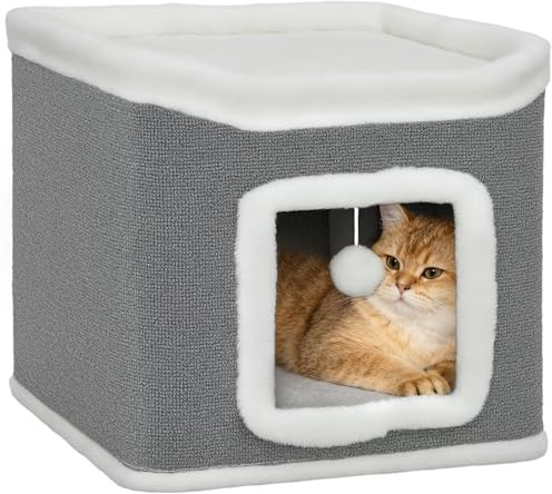 PawHut Cat House for Indoor Kittens, 2-Level Cat Cave Bed with Fluffy Balls, Flush Top Bed, Kitten Barrel for Multi Kitties, Grey