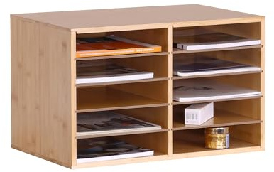 Relaxdays dokumentställ bambu, DIN A4, 10 fack, kontor, hemmakontor, natur | HBT: 31x49x31 cm, skrivbordsorganisatör