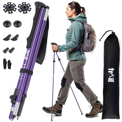 Trail Folding Walking Poles 2 Pack – Lightweight Aluminium Trekking & Hiking Sticks, Adjustable Fliplock Design, Tungsten Tips with Mud, Snow, Rubber & Boot Attachments for All Terrains, 120–135cm