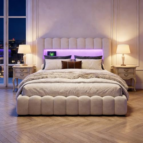 BRYXR Polsterbett 180x200, Bubble Bett mit Hydraulischem Stauraum, USB-Ladefunktion und LED-Beleuchtung, Doppelbett Bettgestell (Beige Leinen, Ohne Matratze)