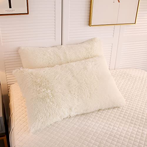 LIFEREVO Fluffy Faux Fur Standard Pillow Cases Set of 2, Beige