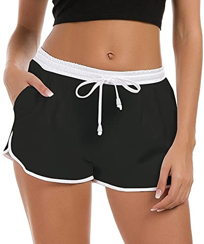 Fanient Pantaloncini da Bagno da Donna Pantaloni da Spiaggia Pantaloni Sportivi Neri Cintura Elastica Pantaloni da Allenamento ad Asciugatura Rapida M