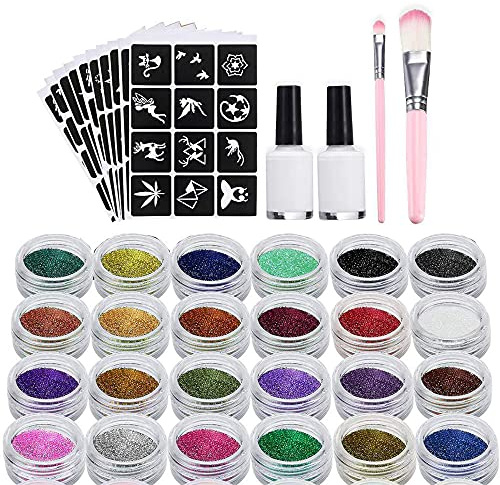 XUBX Kit Tatouage Paillettes, Set Tatouages Temporaires avec 24 Couleur, 120 Pochoirs, 2 Pinceaux, 2 Colles, Imperméable Glitter Tatouages Temporaire Coffret pour Le Corps-Enfant, Adult