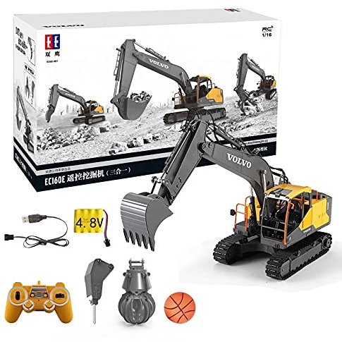 s-idee E568-003 1/16 Volvo Licensed Rc Schaufelbagger mit voller Funktion 3 Anbauteile und Ball, Bagger mit Fernsteuerung und Holzgreifer ferngesteuert mit Akku und Ladegerät
