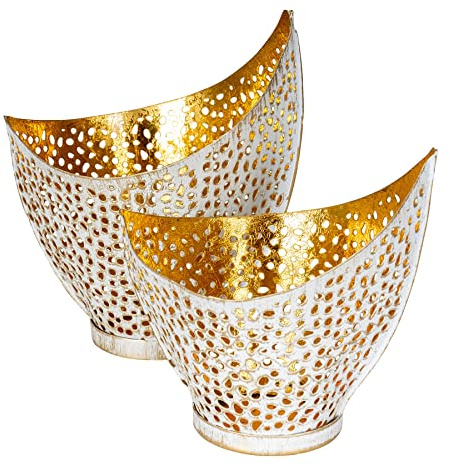 Uppsättning av 2 värmeljushållare metall vit guld design ljushållare bordsdekoration lykta dekoration