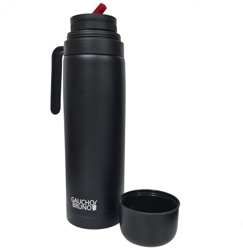Gaucho Bruno Yerba Mate Flask –Récipient isotherme avec bec verseur de précision, poignée et couvercle à vis – Isolé pour boissons chaudes et froides – Acier inoxydable avec revêtement noir