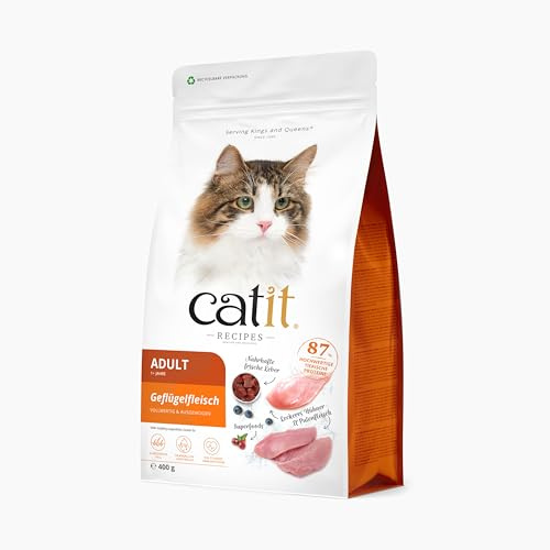 Catit Recipes Adult Poultry Dry Cat Food, Natural Grain Free Dry Food with Meat, High Protein Cat Kibble for Adult Cats, Hairball Control & Omega 3, 400g Bag