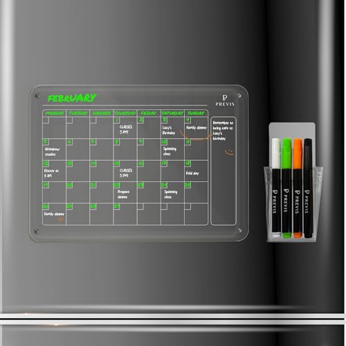 PREVIS BRAND Calendario Magnetico Nevera Transparente Acrilico A4 (21X30 CM) 4 Rotuladores Punta Muy Fina - Pizarra Transparente Nevera Magnetica Acrilyc - Planificador Mensual Organizador Cocina
