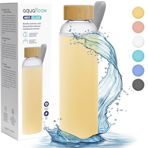 Aquafloow Flacons d'eau Transparents, Brosilicate Étui en Néoprène 700 ml, Bouteille d'eau en Verre avec Couvercle en Bambou, Sans BPA | Idéale pour Le Bureau, L'école, La Maison – Jaune