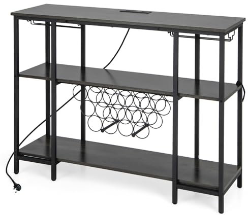 COSTWAY Wine Cabinet, 3 Tier Industrial Kitchen Sideboard with 2 AC Outlets & 2 USB Ports Countertop, Glass Holders, Wine Rack and Adjustable Footpads, Home Bar Table Drinks Cabinet (Grey)
