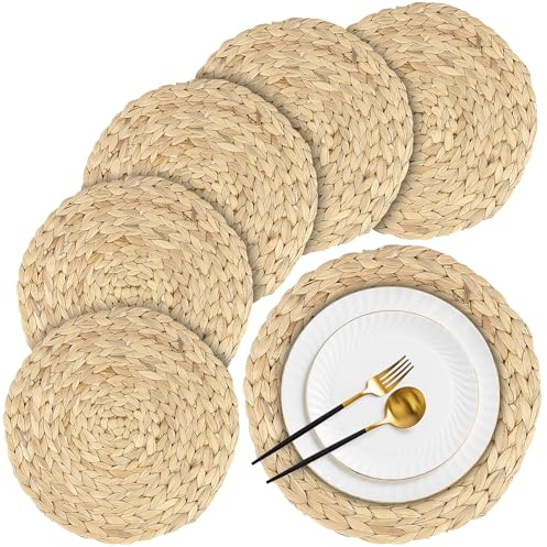 PINGEUI 6 PCS Wicker Place Mats Round, 25cm Natural Hyacinth Place Mats handmade Seagrass Rattan Woven Placemats for Restaurant, Home Kitchen Dining Table Accessories