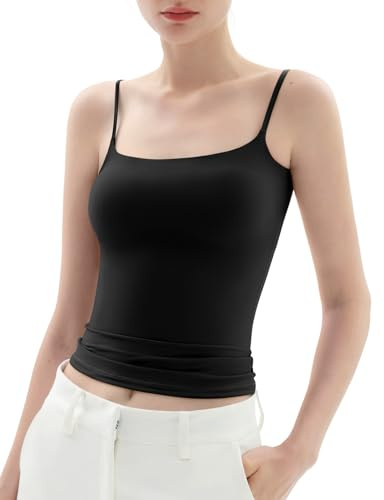 PUMIEY Tank Top for Women Square Neck Spaghetti Straps Camisole Sleeveless Basic Summer Tops, Jet Black Small