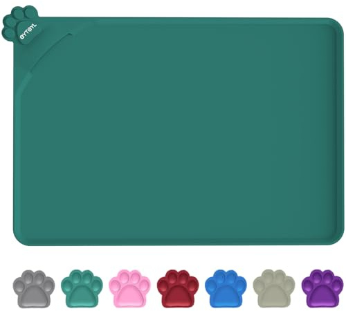Waterproof Dog Feeding Mats with High Lips 55 x 38cm, Silicone Pet Mat, Non-Slip Dog Cat Food Water Mat for Floor Protection, Spill-Proof(GREEN)