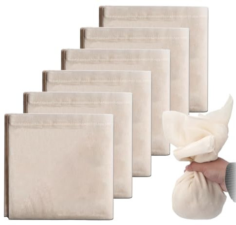 Étamine Alimentaire, 6 Pièces Chiffons en Mousseline Tissu filtrant en Coton Non Blanchi Réutilisable, 50x50cm Tissu Ourlé Mousseline pour Filtrer Fromage Beurre Jus Lait de Noix