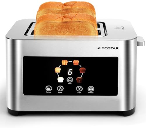 Aigostar Toaster 2 Scheiben, LED-Touchscreen, 4 cm extra breite Toastschlitze & Brotzentrierung, Edelstahl-Toaster mit 6 Bräunungsstufen, Aufwärm-, Auftau-, Aufwärm- & Stoppfunktion, 850W
