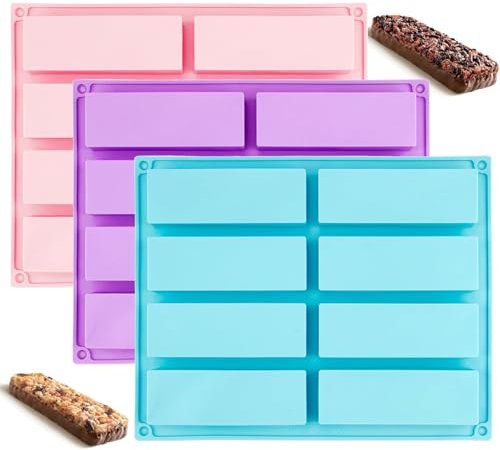 Rettangolari Antiaderente Energetich,Set di 3 Stampi Rettangolari in Silicone per Barrette di Cereali, 8 Cavità per Stampo, Antiaderente e Flessibile, Ideale per Dolci, Cioccolatini e Snack