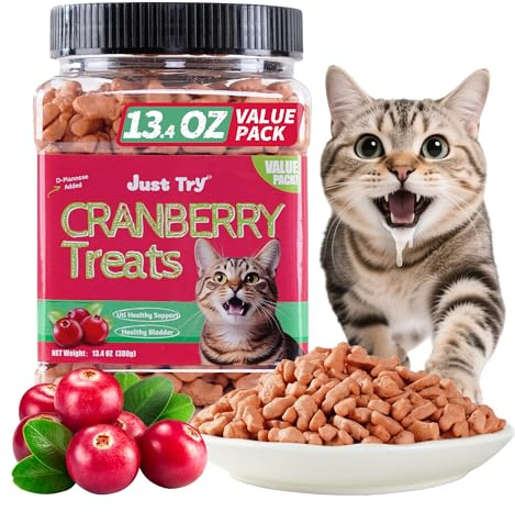 Just Try 13.4 OZ Urinary Tract Health Cat Treats for Indoor Cats, Cranberry & D-Mannose for Kidney Bladder and UT Support, Health Cat Supplement Crunchy Chews