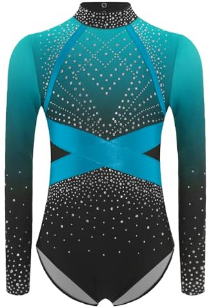 Alvivi Mädchen Turnanzug Glitzer Gymnastikanzug Strass Gymnastik Leotard Langarm Ballettanzug Turntrikot Wettbewerb Tanzkostüm A Himmelblau 158-164