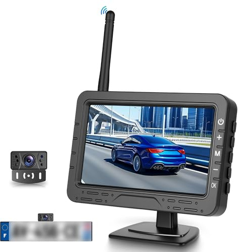 Wireless Telecamera Retromarcia Set, Telecamera per Cornice Targa con 4,3 Pollici Monitor, Telecamera Posteriore con Visione Notturna/IP68 Impermeabile/Grandangolo per Auto/SUV/Camioncino/Campeggio