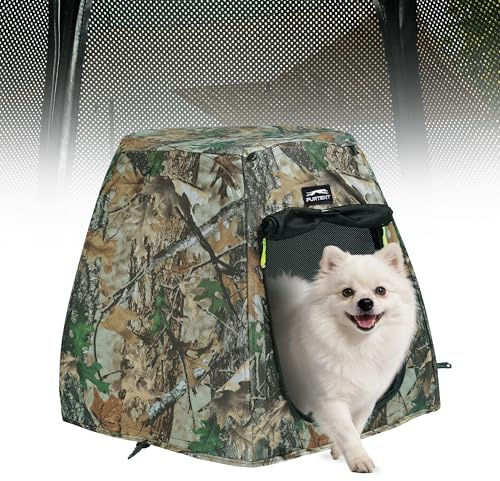Assembly-Free Pop Up Dog Tent, Ventilation and Privacy Dog Tent Outdoor Indoor, Stable Ground Stake Design, Sunshade Camouflage Canvas Pet Tent for Dogs and Cats with Non-Slip Cushion Up to 25LB