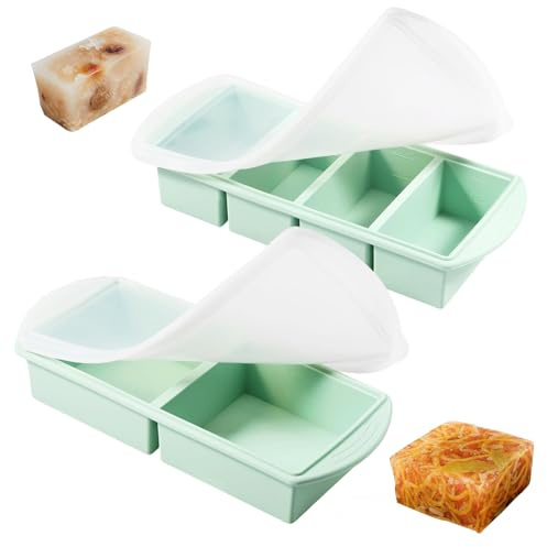 2 in 1 Molde Silicona Congelador & Souper Cubes, Moldes Silicona Congelar Porciones, Bandeja Extragrande Para Cubitos de Hielo Para Sopa, Caldo, Salsa, Mantequilla, (4 x 250 Ml, 2 x 500 Ml, Verde)
