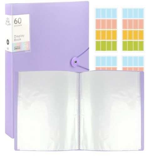 2Pcs A4 Display Folders with Stickers,with Plastic Sleeve,60 Pockets,Purple | Document Folder with Elastic Buckle, Display Book Folders for School, Office & Business Use