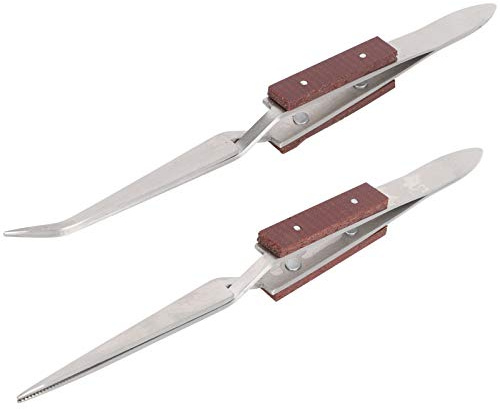 OVAQUIXI 2Pcs Soldering Tweezers Set, Cross Lock Fiber Grip Tweezer Straight Curved Tip Craft Tool