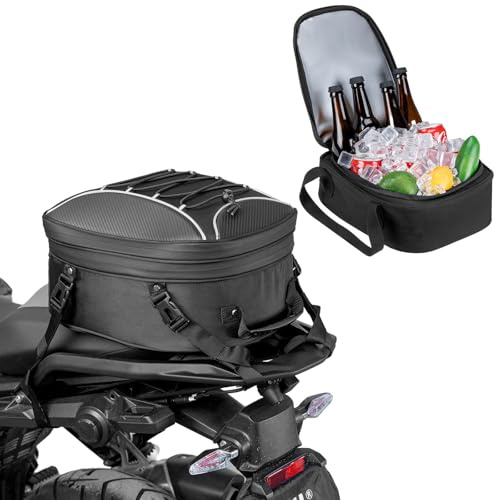 KEMIMOTO Motorcycle Tail Bag, 22L-34L Expandable Large Capacity Motorbike Seat Bag with 9.5L Removable Cooler Bag, Waterproof Rear Rack Bag with Quick-Release Straps for Touring, Camping and Picnics