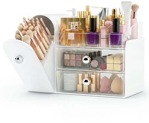 TRQWRO Makeup Organizer,Vanity Organizer with Makeup Brush Holder,Large Skincare Organizers with Drawers,Bathroom Countertop Organizer,Storage Lipstick,Perfume,Nail Polish,Beauty,Mothers Day Gifts