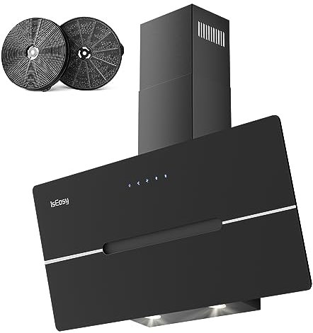 IsEasy Cappa Aspirante 90cm Inclinata, Cappa Cucina di Scarico/Ricircolo con 524 m³/h Forte Potenza di Aspirazione, 3 Livelli di Regolazione, 58 dB, Funzionamento Touch, Nero, Efficienza A++